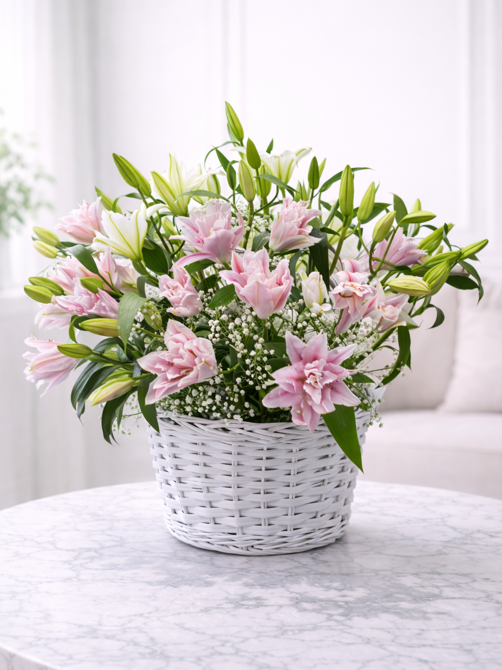 Lily Grace – White Pink Lily Basket Arrangement